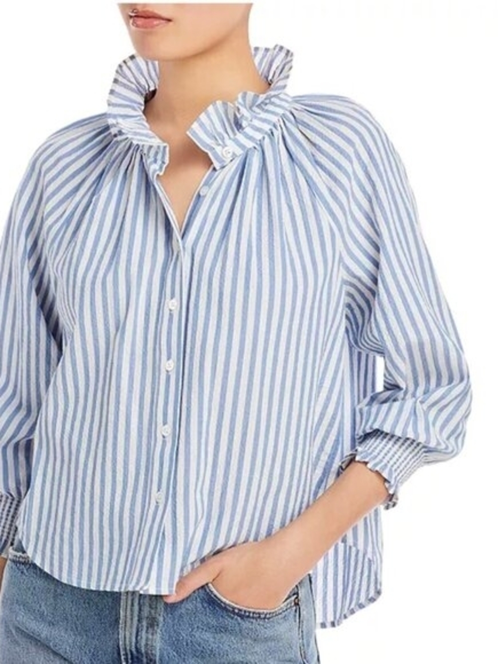 Veronica Beard Blue & White Striped Ruffle-Neck Button Down